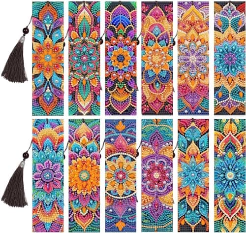 12 Pcs Diamond Painting Bookmarks,Mandala Diamond Art Bookmarks with Tassel, Diamond Art Painting Kits for Beginners Adults DIY Art Craft Gifts Book Decors
