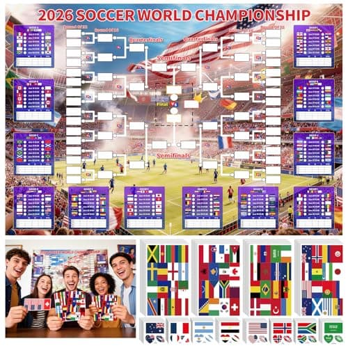 YTEFB 2026 World Soccer Cup Schedule Poster 3-Piece Set, 63"x44" Extra Large Premium Polyester Match Tracker, Waterproof Wrinkle-Resistant Wall Chart with 384 Flag Stickers & 96 Water Tattoos