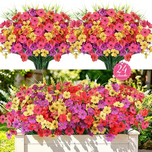 AmberFun 24 Bundles Realistic Fake Flowers for Outdoors, No Fade Faux Silk Flowers & Artificial Plants Lavender, for Garden Patio Porch Decor, Window Box, Hanging Basket, Planter, Grave Decorations
