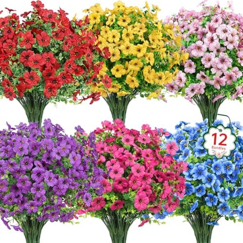 Ouddy Decor 12 Bundles Artificial Flowers for Outdoors Fake Silk Flowers UV Resistant Faux Plastic Plants for Spring Summer Garden Porch Window Box Table Vase Home Indoor Outdoor Decoration, Mixed
