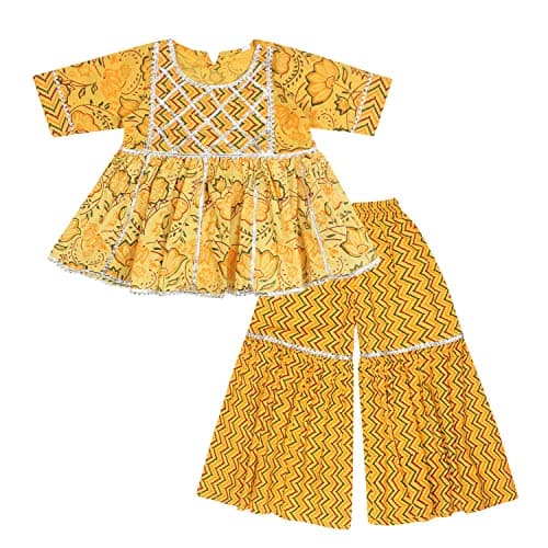 Superminis Baby Girls Cotton Sanganeri Printed Frock Style Kurti with Printed Sharara Dress (5-6 Years, Yellow)