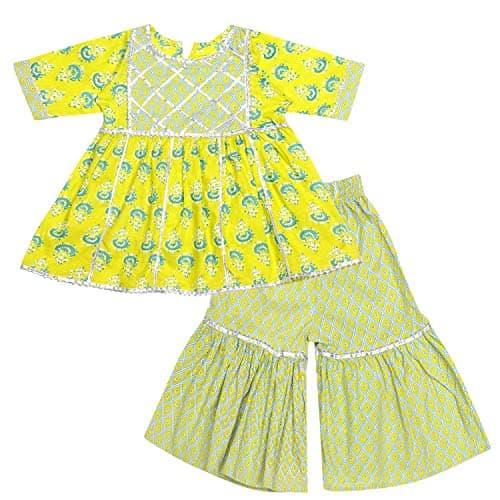 Superminis Baby Girls Cotton Sanganeri Printed Frock Style Kurti with Printed Sharara Dress (4-5 Years, Green)