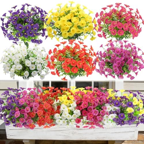 Artificial Flowers for Outdoors, Fake Flowers, UV Resistant Artificial Outdoor Flowers, 12 Bundles Silk Colorful Morning Glory with Eucalyptus Faux Flowers for Outdoor Planters for Porch Patio Garden