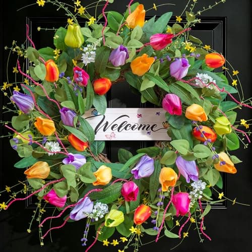 Summer Spring Wreaths for Front Door 26 Inch, Tulip Spring Summer Wreath with Welcome Sign, Artificial Floral Spring Door Wreath for Outdoor Front Door, Farmhouse Seasonal Summer Wreath