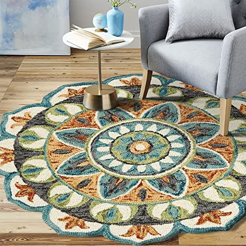 LR Home 6ft Round Indoor Wool ...Rug for Room Decor | Rust/Teal