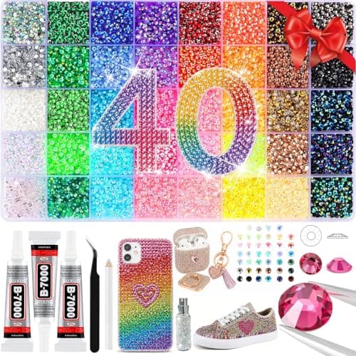 Rhinestones for Bedazzling Kit,Bedazzler Kit with Rhinestones,19000PCS 40 Colors Multicolor Resin Flatback Gems Diamond Art Set with 3PCS 10ml B7000 Glue for DIY Craft,Shoes,Nails (4mm · 19000PCS)