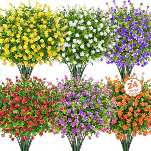 Besteek 24 Bundles Artificial Flowers for Outdoors, Faux Plastic Flowers UV Resistant Fake Greenery Shrubs Plants for Outside Spring Summer Porch Window Garden Planter Home Decor, Mixed Color
