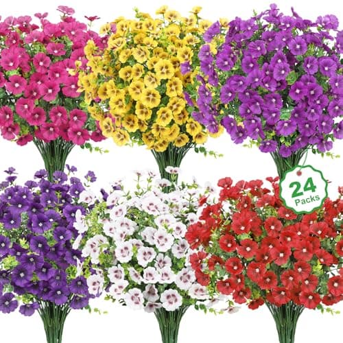 Besteek 24 Bundles Artificial Flowers for Outdoors Fake Silk Flowers UV Resistant Faux Plants Eucalyptus for Spring Summer Decoration Planters Table Vase Garden Yard Porch Window Home, Multicolor