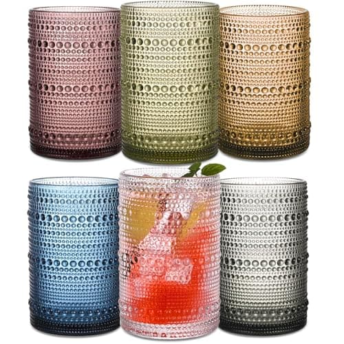 JPPSUJJ Colored Hobnail Drinking Glasses Set of 6, 15 oz Vintage Highball Glasses, Drinkware Kitchen Glasses for Cocktail, Iced Coffee, Beer, Ice Tea, Wine, Whiskey, Water