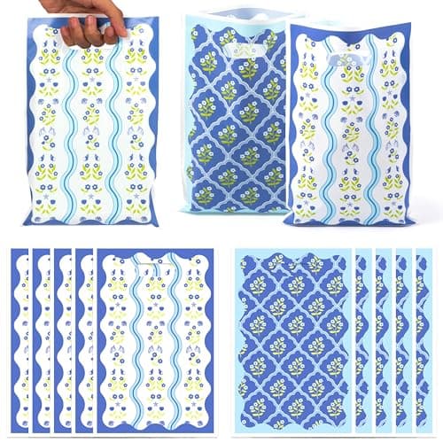 3sscha 50Pcs Blue Coastal Wavy Flower Party Favor Bag - Floral Plastic Waterproof Goodie Bag Spring Vintage Rectangular Gift Pack for Kids Birthday Bachelorette Baby Shower Decor Garden Party Supplies