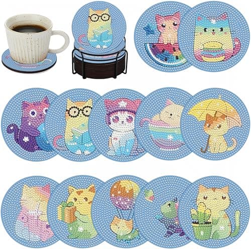 Bulerrylulu 12 Pcs Diamond Painting Coasters Kits with Holder,Diamond Art Coasters Set for Drinks Coffee Table, Gem Painting kit for Beginners Adults DIY Art Craft Gifts Home Decors (Cat)