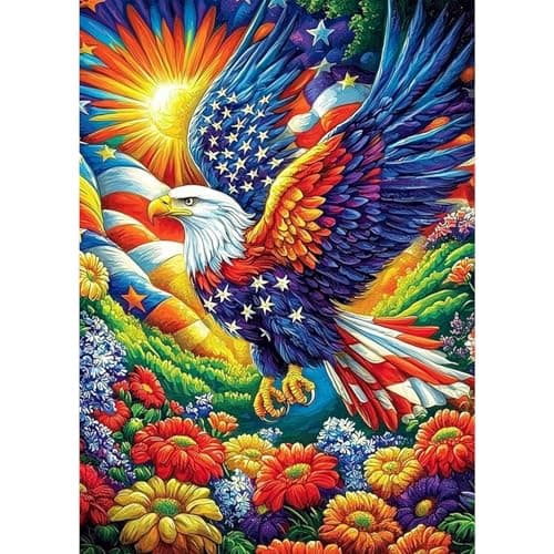 RICUVED Eagle Diamond Art Kits for Adults, Flowers Diamond Painting Kits for Beginners, 5D DIY Full Round Drill Gem Independence Day Paint by Diamonds Art and Craft Kit for Gift Home Decor 12x16 inch
