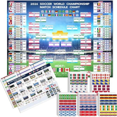 2026 World Soccer Tournament Extra Large Schedule Poster Set (3 Pack) – 43"x32" Wall Chart Calendar with 48 Team Flag Stickers, Includes A3 Stadium & Match Points Posters, Marker & Mounting Tape