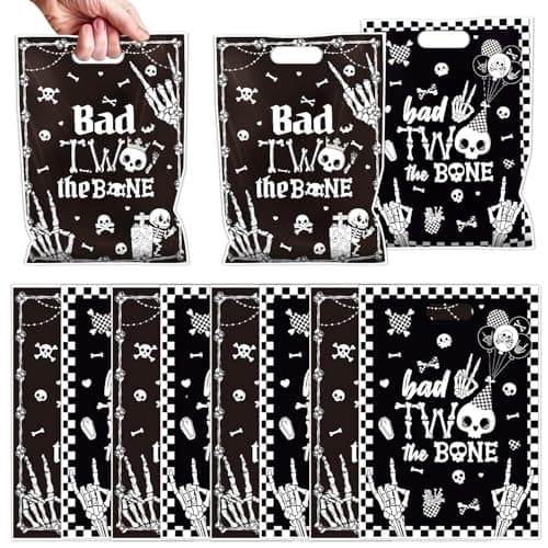 Aposwow Bad Two The Bone Party Decorations - 50 Pcs Skeleton Theme Goodies Candy Gift Treat Bag 2nd Black Party Favor Bags Bad 2 The Bone Birthday Decorations For 2 Year Old