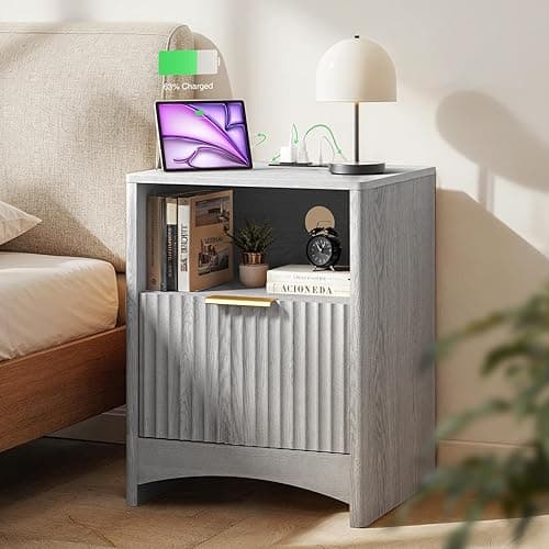 Marsail Fluted Nightstand with...erfect for Bedroom, Light Grey