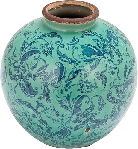 Creative Co-Op Round Decorativ...ith Transferware Pattern, Aqua