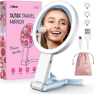 Amazon – LitBear Rechargeable 10X/1X Lighted Travel Makeup Mirror - $16.49 w/ Code
