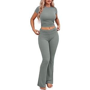 Ekouaer Women 2 Piece Pajama Set Short Sleeve Crop Top Foldover Flare Pant $10.99