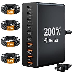 10-Port Roruite 200W USB-C Charger Block w/ 4 Cables (2 Colors) $22.50