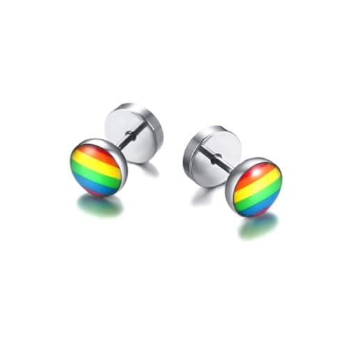 8MM Stainless Steel Rainbow LGBT Stud Earrings for Men Women Lesbian Gay Pride Round LGBT Pierced Screw Earrings