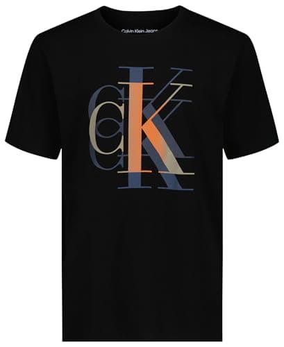 Calvin Klein Boys' Short Sleeve Logo Crew Neck T-Shirt, Soft, Comfortable, Relaxed Fit, Blended Black, 10-12
