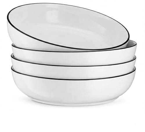 KooK Porcelain Pasta Bowl Set, for Soups and Salads, Serving Bowls, Large Capacity, Microwave & Dishwasher Safe, Set of 4, 40 Oz (Black Rim)