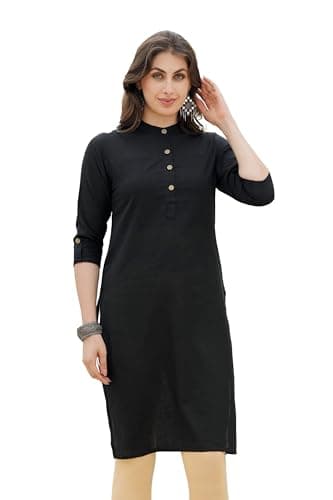 SARJANA Women's Cotton Slub Straight Kurti Tops Tunics High Neck Button Down 3/4 Sleeve Kurta (US, Alpha, 3X-Large, Regular, Regular, Black)