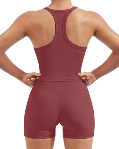 SUUKSESS Women 2 Piece Workout Sets High Waisted Biker Shorts with Pockets Built in bra Racerback Tank Tops Halter Padded Sports Bras (Maroon, XL)