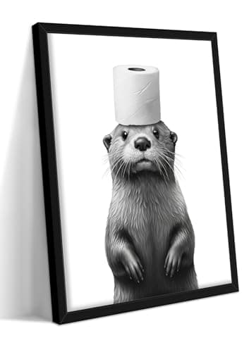 Framed Funny Bathroom Wall Art, Black and White Animal Canvas Wall Decor Painting, Cute Otter Holding Toilet Paper on Head Prints Pictures for Bathroom Restroom 8x10 Inch Black Frame