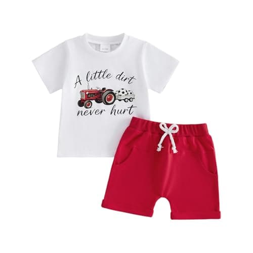 LIOMENGZI Toddler Baby Boy Summer Outfit Funny Letter T-Shirts Top Shorts Set Infant Boy Summer Clothes 6 12 18 Months 2T 3T (White Red Tractor, 9-12 Months)
