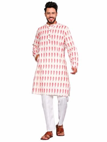 TOSQP27 Mens Pure Cotton Kurta Pajama Red Maroon Gift Ethnic Party Groom Outfit Long Sleeve Knee-Length Block Printed