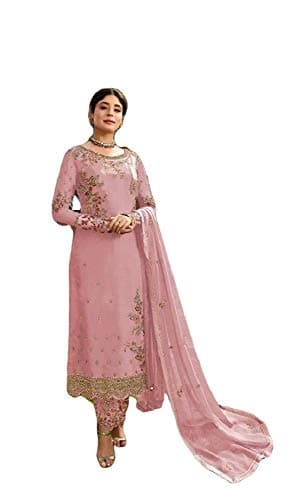 shopNstyle Ready to Wear Indian Pakistani Ethnic Wear Designer Straight Salwar Kameez Churidar Suit for Womens (Pink, XL)