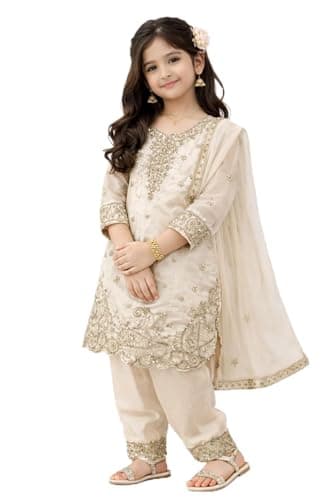 disson Girls Kurta Pant Set with Dupatta | Kids Ethnic Suit for Girls | Green & Cream Indian Pakistani Dress | Party Wear (US, Age, 10 Years, 12 Years, Cream)
