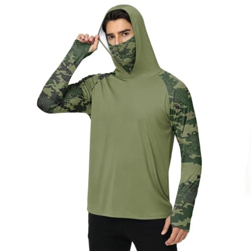 Fishing Shirt with Hood Sudaderas para Hombre De Trabajo Uv Protection Face Mask Cooling Quick Dry Sun Hoodie Fishing Hiking Shirt Mens Long Sleeve Sun Protection Shirts Army Green X-Large