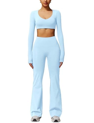 ABOCIW Workout Sets for Women Long Sleeve Crop Top with Built in Bra Scrunch Butt Lifting High Waist Flare Leggings 2 Piece Gym Sets Athletic Yoga Pilates Outfits V-Blue Medium