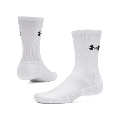 Under Armour Unisex Performance Cotton Crew Socks 3 Pack, (100) White/White/Ultimate Black, Large