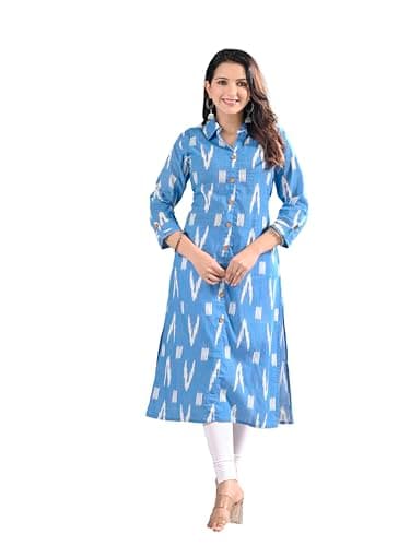 Meyali Indian Womens Printed Cotton Kurti Top | Straight Fit Collar Neck Kurta | 3/4 Sleeves Tunic Top | Casual Indian Kurti for Women - Sky Blue