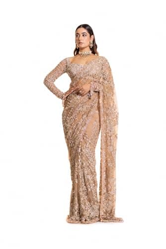 RETRO RETREAT COIN Women's Net Sequin Embroidery Sequence Saree Work With Unstitched Blouse Piece (Beige)