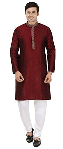 Poly Silk Men's Kurta Pajama India Clothing Wedding Party Wear (Maroon, XXL)