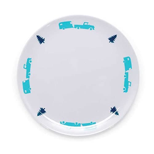 Camco Life is Better at The Campsite Small Salad Plate - White with Teal and Navy Retro RV, Trailer and Camper Print , Great for Salads and Deserts, BPA Free, Melamine (53226)