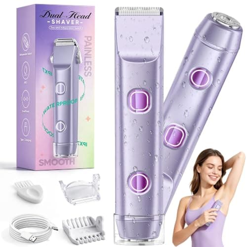 Bikini Trimmer for Women, Electric Razor & Shaver with Dual Ceramic Blades, Painless Hair Removal for Face, Body & Intimate Areas, 90min Cordless Runtime, Waterproof Travel Grooming Kit (Purple)