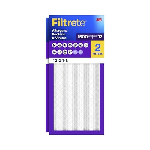 Filtrete 12x24x1 Air Filter, MERV 12, MPR 1500, Allergens, Bacteria & Viruses, 3-Month AC and Furnace Filters, Cleaner Air, Reliable Airflow, 2 HVAC Filters (Actual Size 11.68 x 23.68 x 0.78 in)