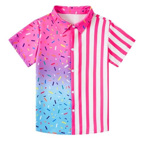 Hawaiian Shirts for Boys Button UP Aloha Shirt Size 8-10 Years Kids Luau Beach Pink Ice Cream Short Sleeve Tops Shirt, White Stripes