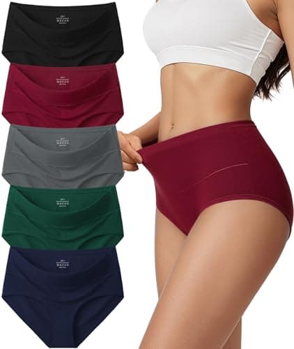 Vevmon Cotton Underwear for Women High Waisted Full Coverage Briefs Soft Ladies Panties 5 Pack (US, Alpha, Large, Regular, Regular, A-5 Pack 5 Colors)