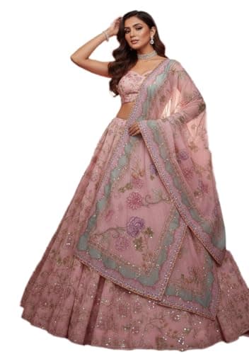 Indya Women's Pink Silk Blended Embroidered Sleeveless Sweetheart Neck Lehenga Set