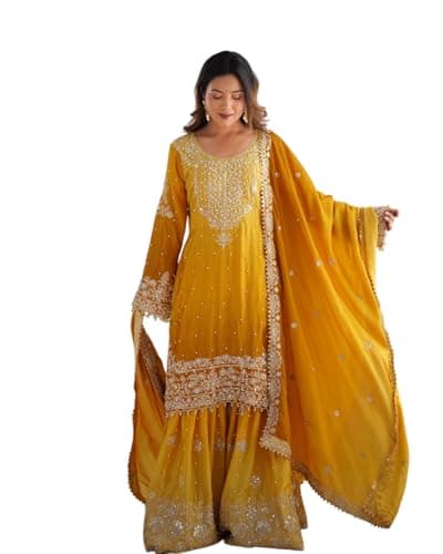 Women's Chinon Silk Sequence With Rivet Moti Work Straight Kurta With Sharara and Dupatta Set (Yellow-XL)