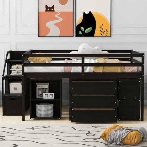 Merax Full Size Loft Bed with ...ith Storage Stairs and Shelves