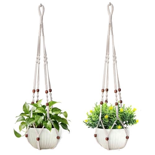 wocoxo 35 Inch Macrame Plant Hanger, Hanging Planter Basket with Wood Beads, Decorative Flower Pot Holder for Indoor Outdoor Boho Home Decor, Set of 2 (Ivory)