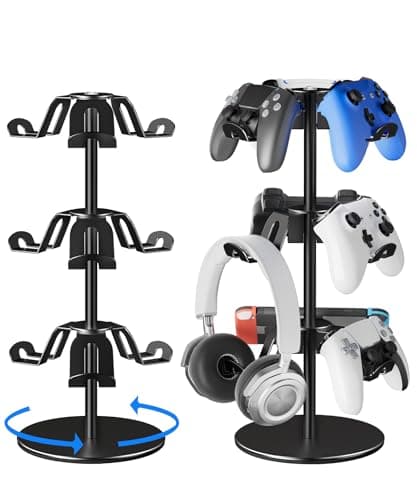 ANSHAWTIY Aluminum Alloy Controller Holder 3 Layers,360 Degree Rotation Tier,Gaming Controller Stand for Xbox PS5 PS4 Switch,Headphone Stand,Headset Holder & Desk Mounts for 9 Packs Controller