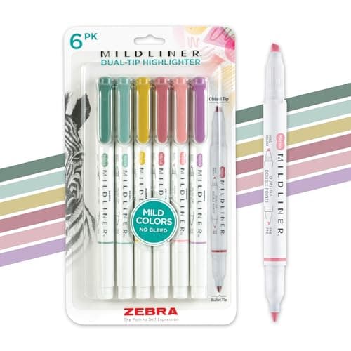 Zebra Pen Mildliner Dual-Tip Highlighter Marker Set, Broad and Fine Point Tips, No Bleed, Ideal for Bible Highlighting, Journaling, School and Office Supplies, Assorted Mild Colors, 6-Pack (78906)